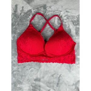 PINK Victoria's Secret Bralette Women Medium Red Push Up Floral Lace Longline